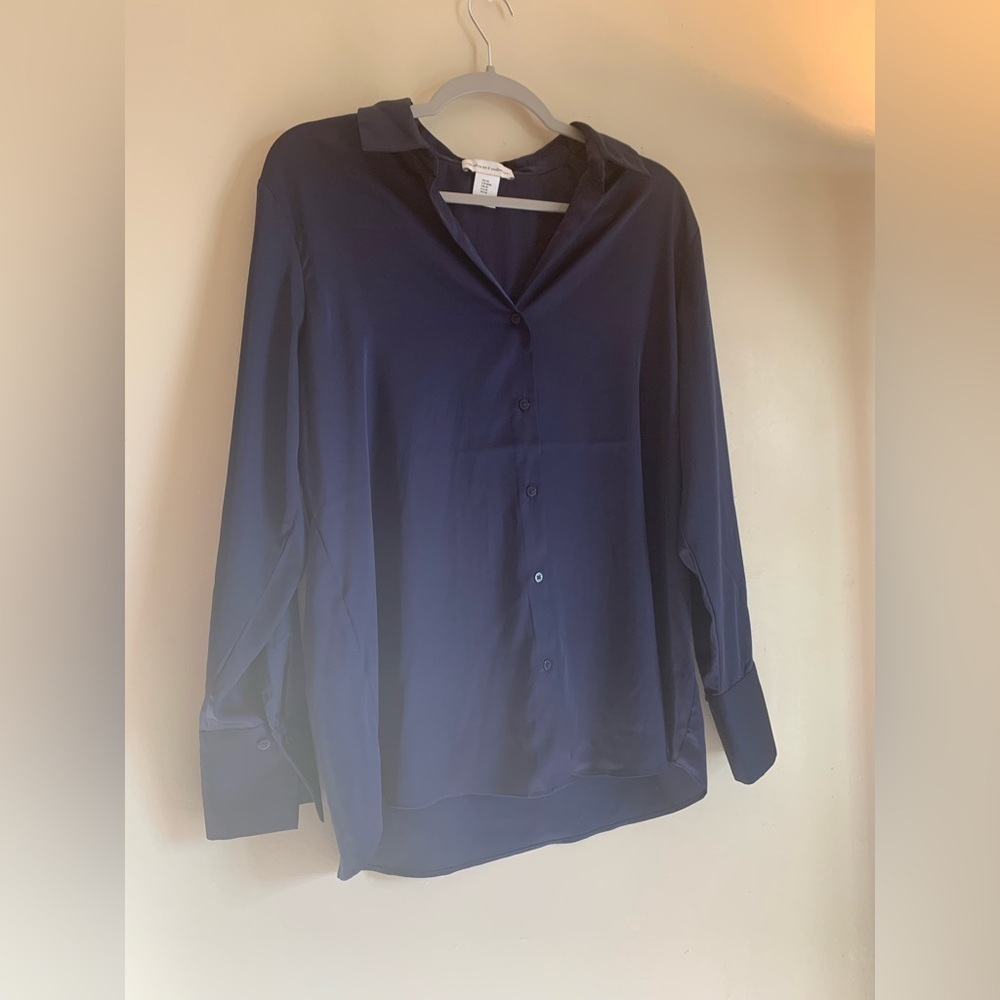 Cupcakes & Cashmere Deep Blue Blouse Shirt Women Size M long Sleeve Top